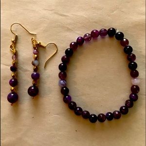 AMETHYST GENUINE STONE STRETCHY BRACELET AND EARRINGS SET